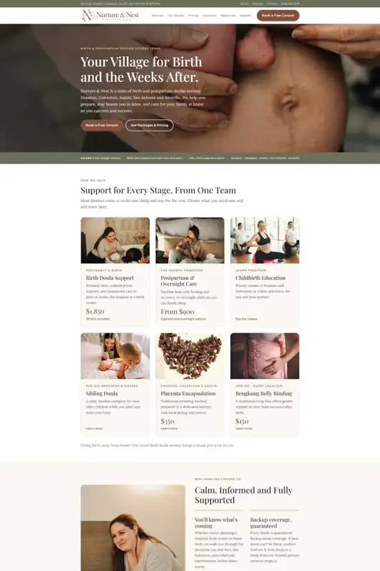 Screenshot of the Nurture & Nest Birth Services website built by EffectMedia